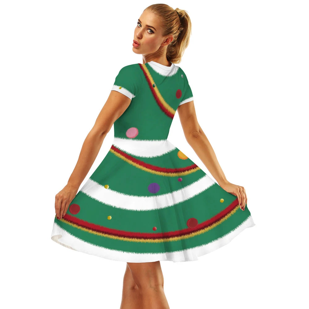 Merry Christmas Women Dress Graphics Stripe Christmas Elf Printed Dress Disguise Adult Xmas Cosplay Costume Holiday Party Wear