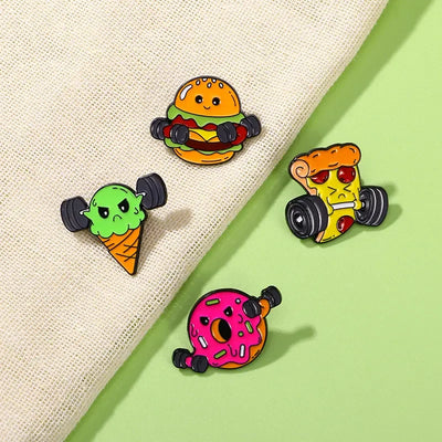 New Statement Fitness Food Man Collection Enamel Brooch Pizza Ice Cream Barbell Hamburg Donut Dumbbell Pins