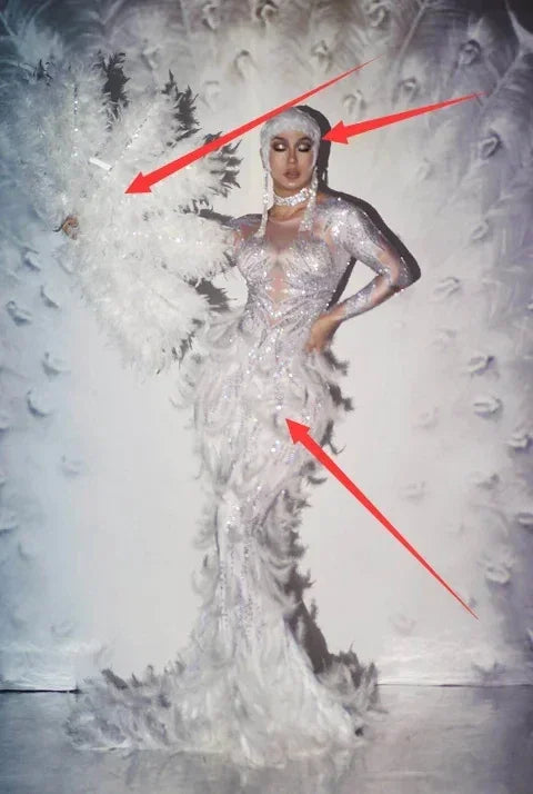 Rhinestone Pink White Feather Dress For Women