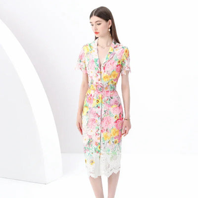 Women's Summer Dress New European American Elegant Suit Collar Short Sleeved Dress Temperament Slim Fit Hollow Lace Dress C19