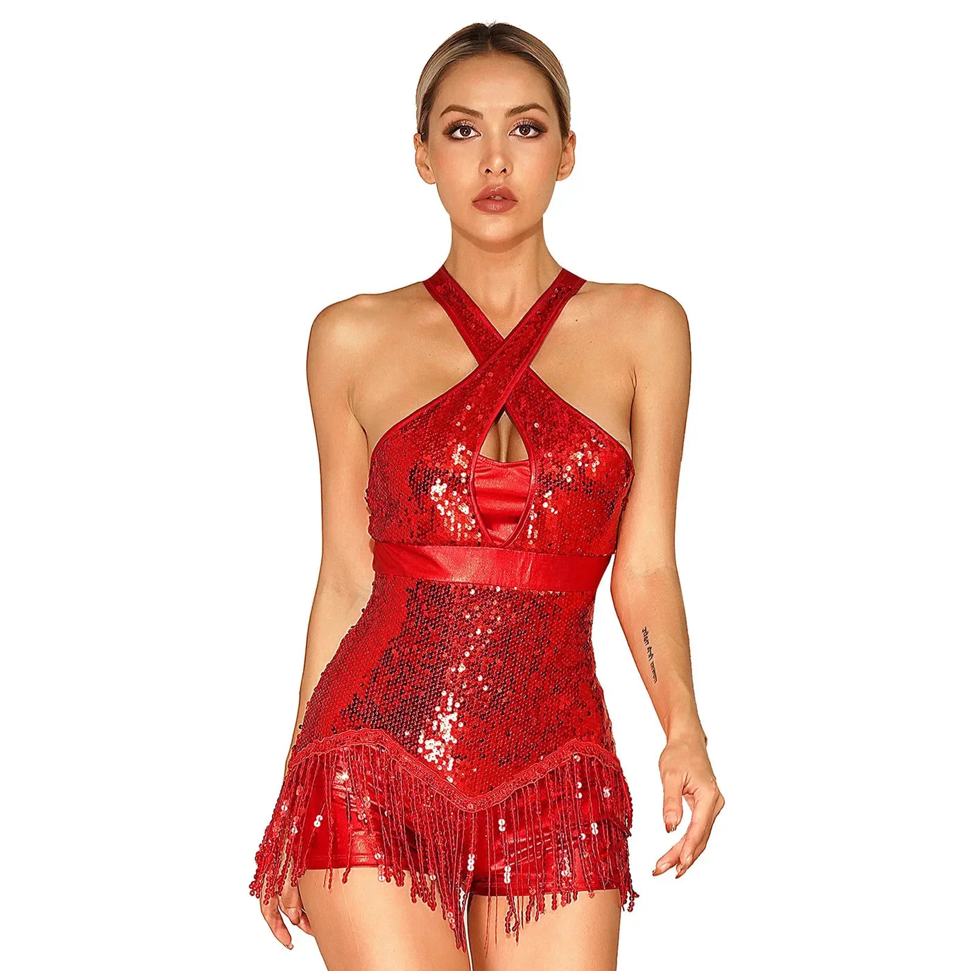 Women's Sequin Dance Dress Latin American Dance Costume Body Sleeveless Classical Samba Rumba Dresses Jazz Ballerina Dancewear
