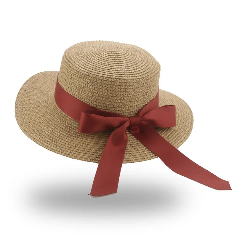 Bucket hat beach summer straw hats for women flat top ribbon bowknot elegant luxury sombreros de mujer