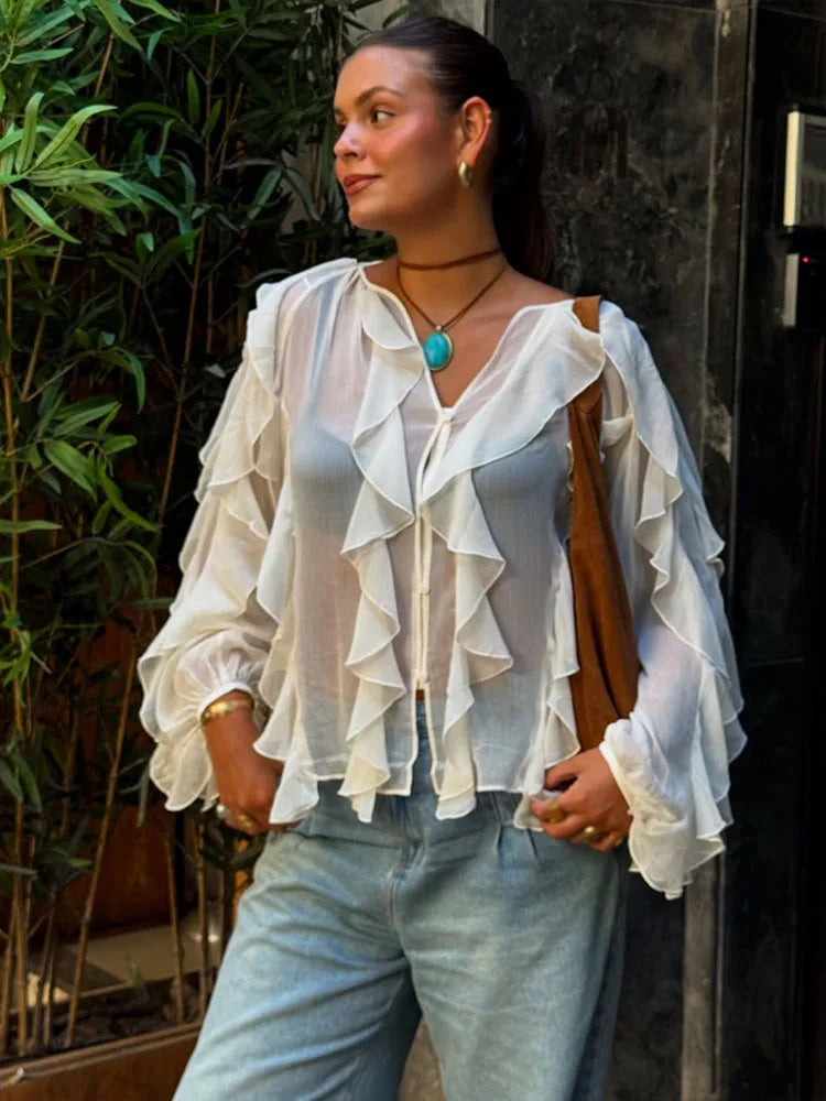 HH Casual Women Ruffles Shirts 2025 Female Loose Lace Up Hollow Out V Neck Semi-Transparent Blouses Spring Lady Clothes