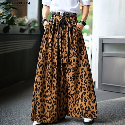 Men Wide Leg Pants Leopard Printing Drawstring Joggers Casual Trousers Men Streetwear 2025 Oversize Pleated Long Pants INCERUN