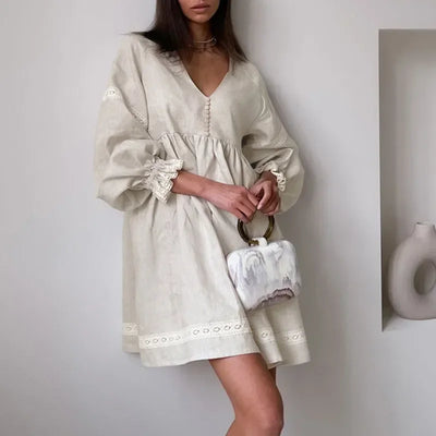 Summer Cotton Linen French Style Dress Commuter Fashion Patchwork Lace Casual Loose Dress Women Sexy V Neck Lantern Sleeve Dress