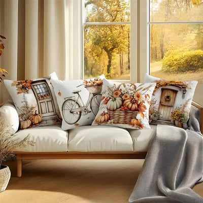 Home Decor Autumn Scenes: Door, Bicycle, Basket Decor Pattern Cushion Cover Suitable for Sofa Bedroom Car Pillow Cover