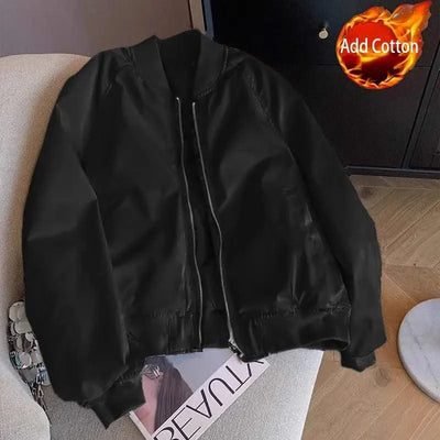 Bomber Jacket for Women Winter Zip-up White Plain Loose Baseball Aviator Coat
