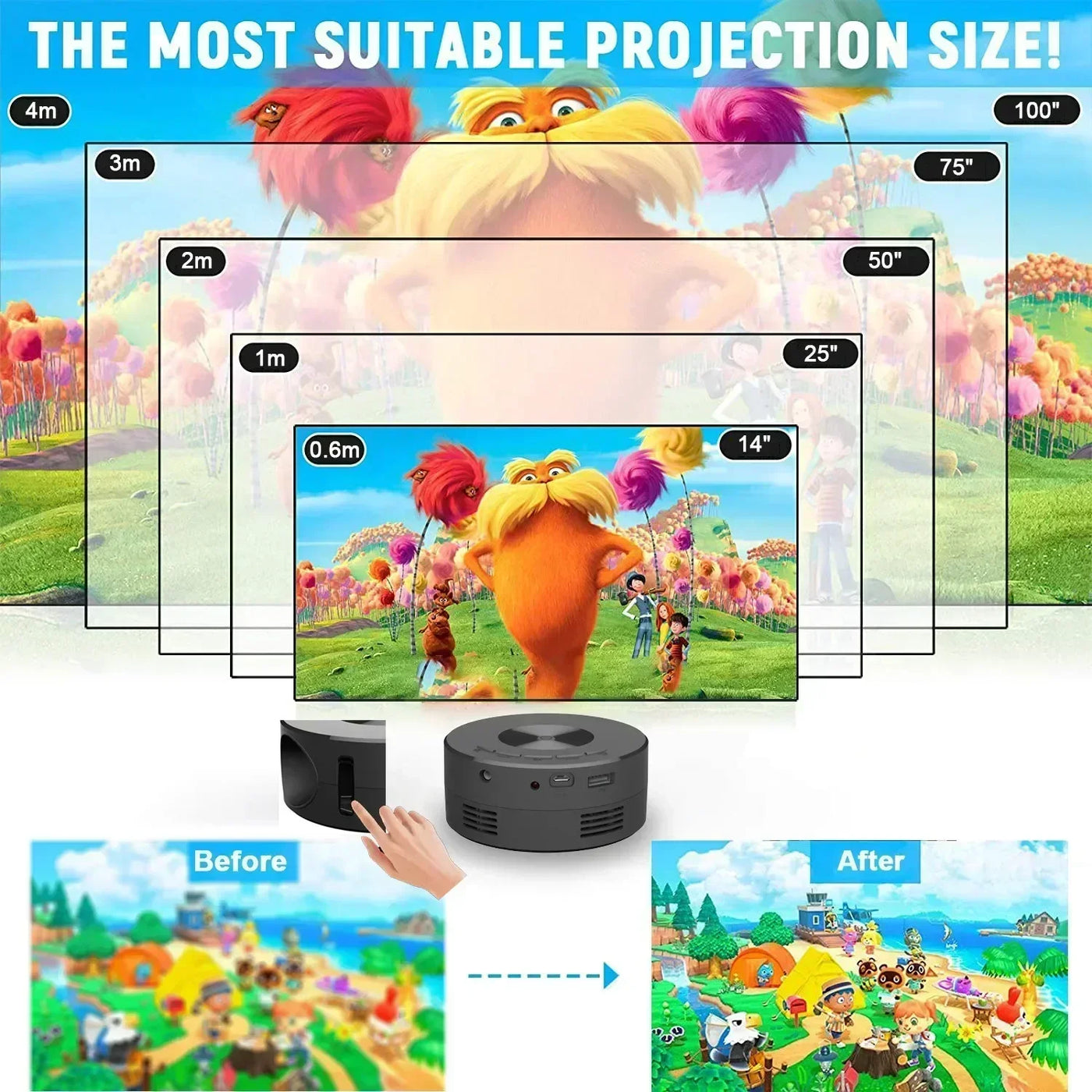 YT200 Portable Projector - Children's Friendly LCD Mini Home Theater Smartphone Same-Screen Function