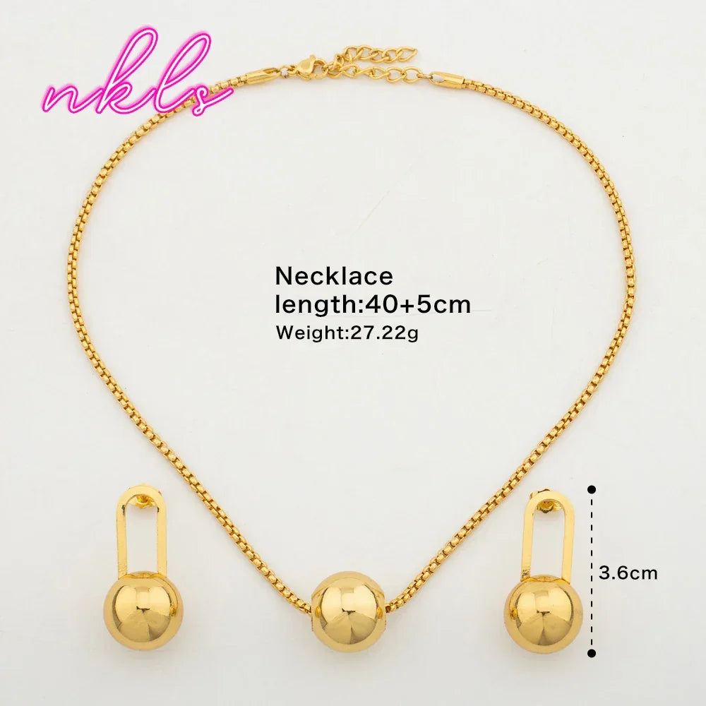 Fashion Bead Pendant Jewelry For Women Clip Earrings Set Gold Color Necklace Daily Wear Trendy Banquet Jewelry Accessories