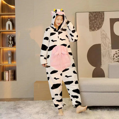 Cute Animal Pajamas for Men Women Winter Flannel Hooded Pajamas Crocodile Capybara Giraffe Cow