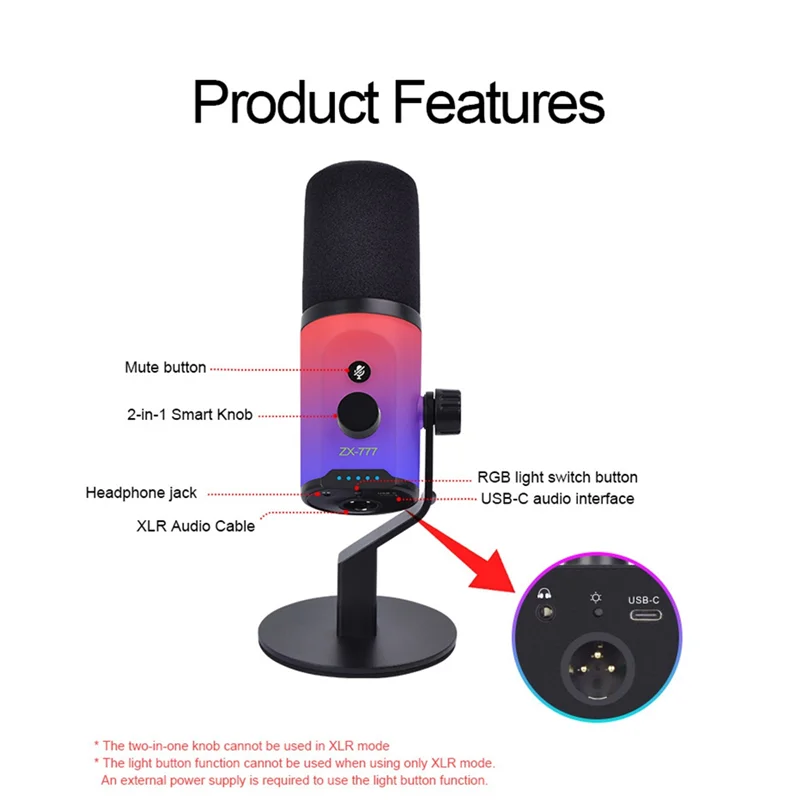 AAAEL-XLR/USB Dynamic Microphone With XLR Cable RGB For Podcasting Recording Gaming Live Streaming USB/XLR RGB Microphone