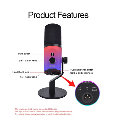 AAAEL-XLR/USB Dynamic Microphone With XLR Cable RGB For Podcasting Recording Gaming Live Streaming USB/XLR RGB Microphone
