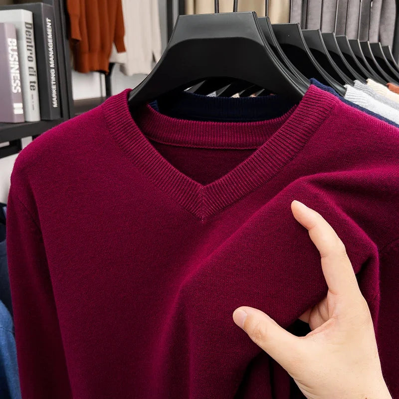 New Sweatwear Men's V Neck Basic Solid Color Sweaters Round Neck Elastic Pullovers Warm Autumn Knitted Oversized Sweater Men