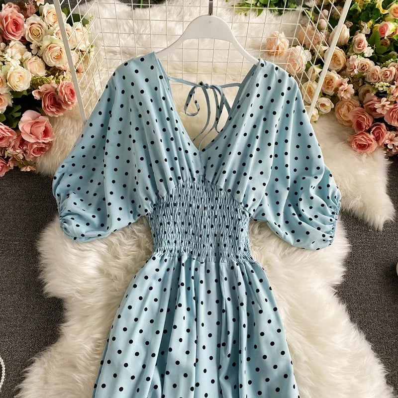 V Neck Sexy Dolman Sleeves Waist Slim Polka Dot Print Jumpsuit Women Wide Leg Trousers Jumpsuit