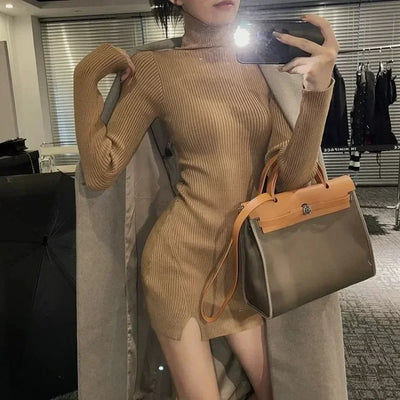 Dresses for Women Short Turtleneck Extreme Mini Sexy Daring Clothes Woman Dress Knitted Bodycon Grey Crochet Split Korean Style