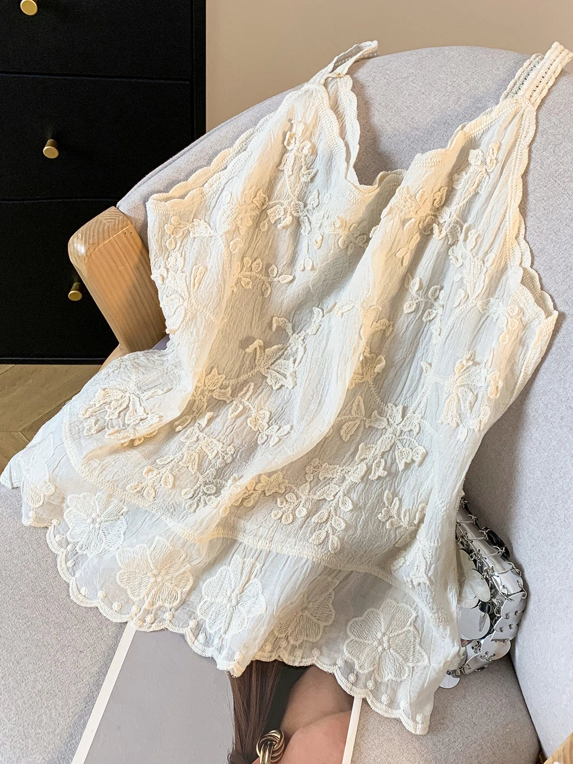 Ele Embroidered Lace Trim Csole Tank Top Women's Svel Summer Layering Vest Inner Wear Loose Fit Cotton 00%