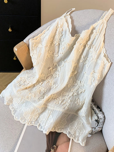 Ele Embroidered Lace Trim Csole Tank Top Women's Svel Summer Layering Vest Inner Wear Loose Fit Cotton 00%