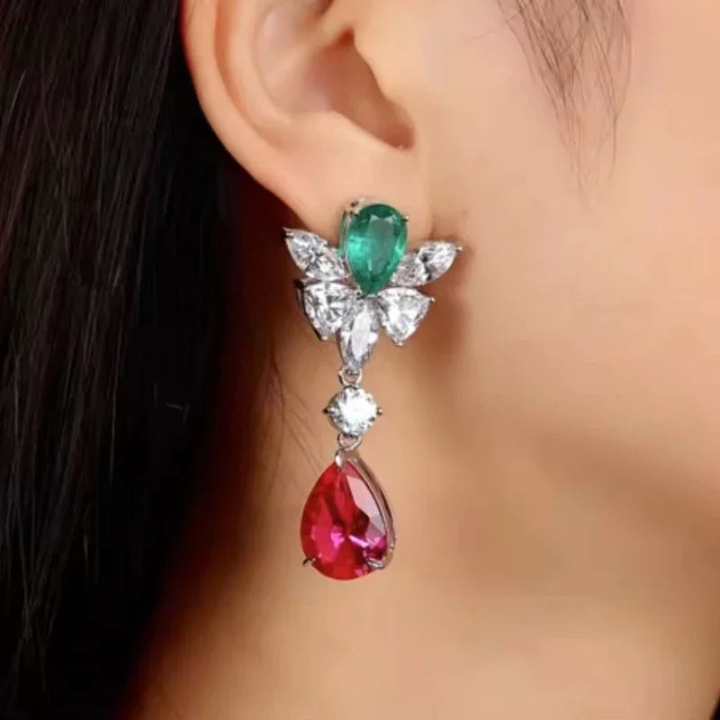 Bellux Fine Jewelry Unique Design Colored Diamond 925 Silver Thick Plated True Gold Women's Waterdrop Earrings