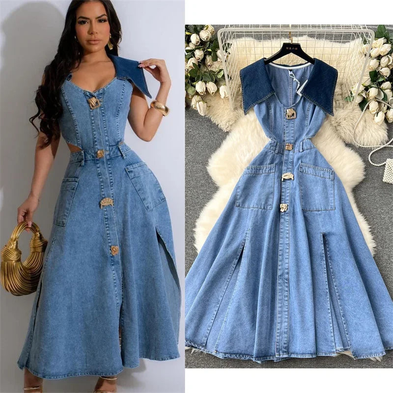 Designer Denim Dress Women Long Dresses Single Breasted Big Turn-down Collar Waist Slimming Temperament Split A-Line Vestidos