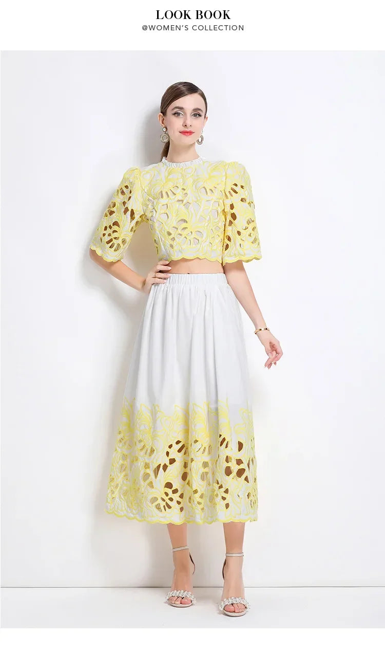 Summer Short Sleeve A-LINE Set Skirt for Women Fashion Ruffled Collar Embroidery Set Skirt Women Vestidos De Verano Mujer Q344