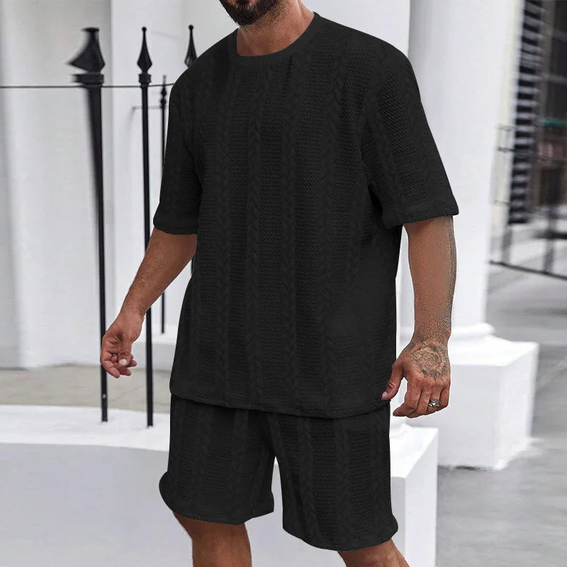 2025 Summer Casual Shorts Sets Knitted Jacquard Two Pieces Men's Tracksuit Solid O-neck Short Sleeve T-shirts+Shorts Streetwear