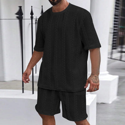 2025 Summer Casual Shorts Sets Knitted Jacquard Two Pieces Men's Tracksuit Solid O-neck Short Sleeve T-shirts+Shorts Streetwear