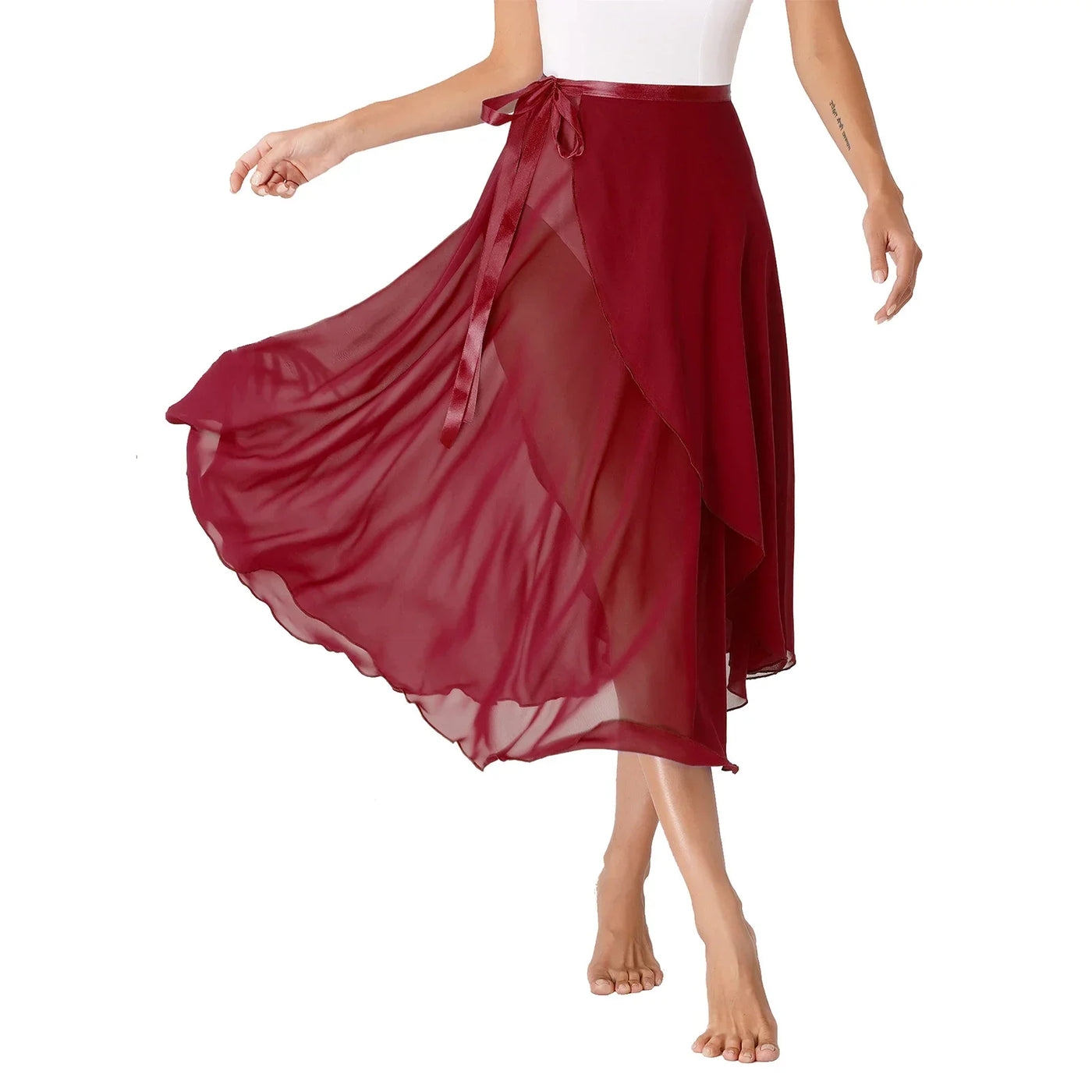 Womens Chiffon Lace-Up Flowy Skirt Ballet Modern Dance Training Costume Summer Solid Color High Waist Boho Midi Skirts Elegant