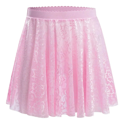 Kids Girls Ballet Dance Skirt Costume Floral Lace Pattern Cover-up Overlay Mini Skirt for Practice Performance Competition