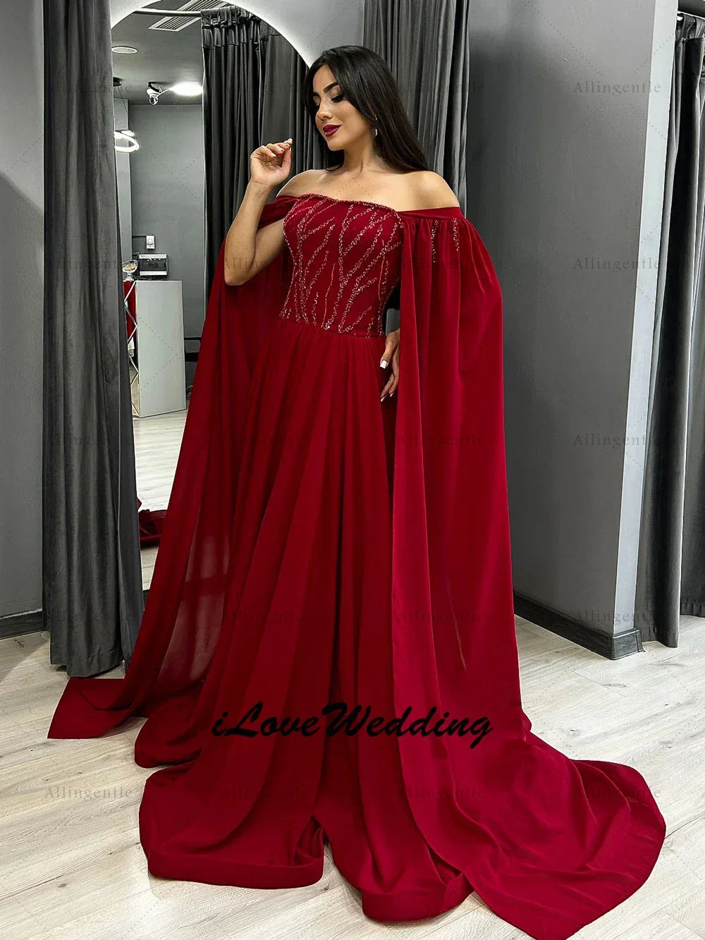 Elegant Off-the-Shoulder Red Evening Dress Sequins Long Prom Gown for Formal Occasions Women's Wedding Party Dress Customized