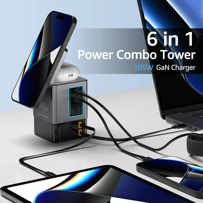 105W Charging Station With Retractable USB-C Cable Power Combo USB C Power Strip for Multiple Devices Wireless Charging 15W