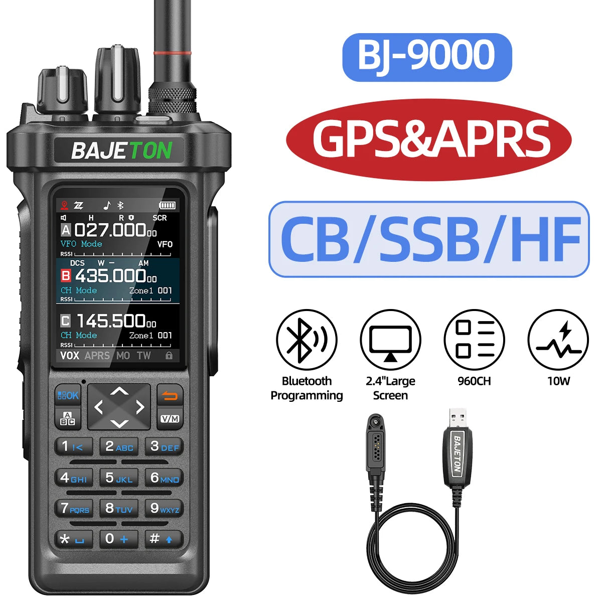 BAJETON BJ-9000 GPS APRS Walkie Talkies 10W CB 27Mhz CB/SSB/HF Receive Bluetooth Programming NOAA ShortWave For RT-950 Ham Radio
