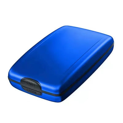 Blue metallic RFID-blocking card holder with pop-up mechanism