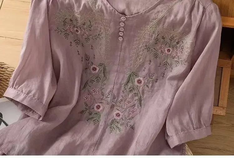 Linen V-neck EmbroideryTop For Women