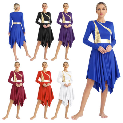 Women Church Choir Worship Liturgical Dress Modern Lyrical Dance Waltz Stage Performance Costume Long Sleeve Metallic Shiny Gown