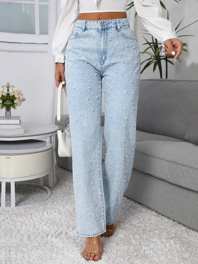 Women Straight-Leg Denim Jeans with Fashion Faux Pearl Detail Casual Style Non-Stretch Jeans Light Blue Mid-waist Denim Pants