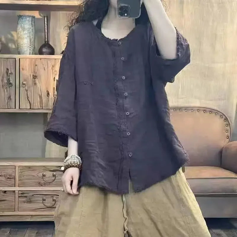Literary Solid Linen Top For Women