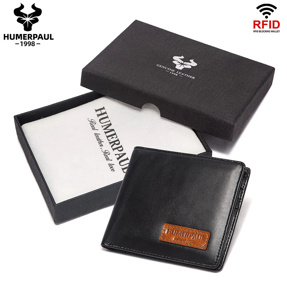 HUMERPAUL Airtag Wallet For Men Real Leather RFID Trifold Card Holder Case with ID Window Slim Anti-lost Purse