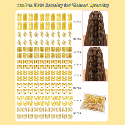 220pcs Hair Accessories, Loc Jewelry For Braids, Women's Hair Jewelry, Metal Hair Ring Cuff For Dreadlocks Accessories