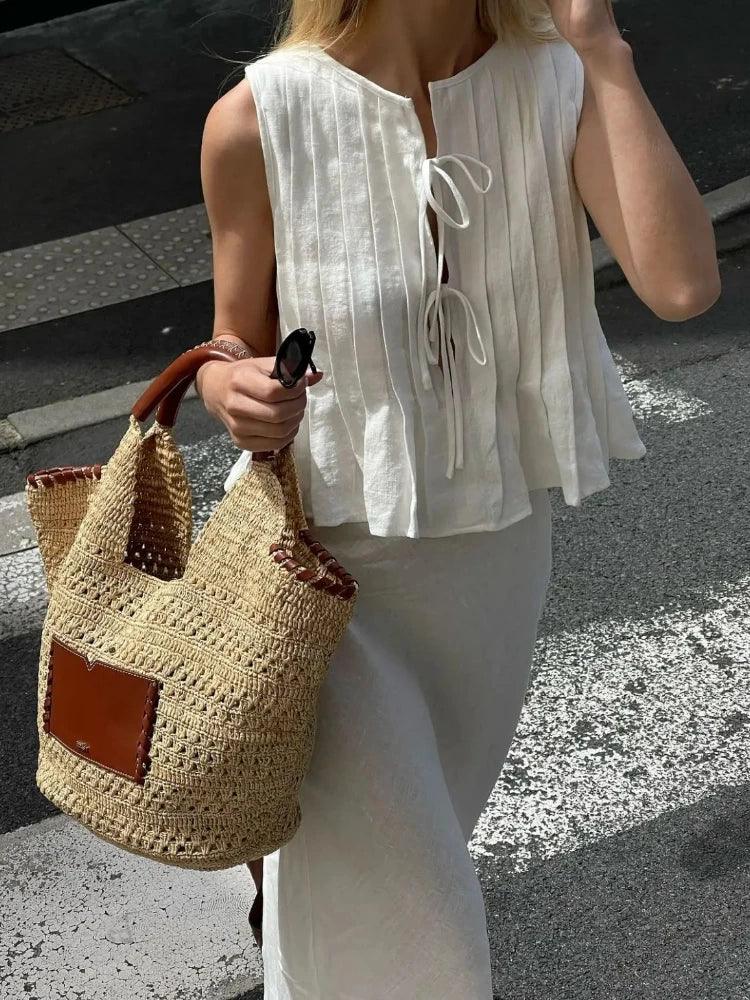 Fashion Bow Lace Up Linen Tops For Women