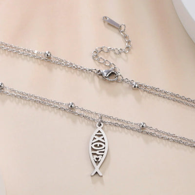 Jeshayuan Christian Jesus Fish Pendant Necklaces For Women Double Layer Stainless Greek ΙΧΘΥΣ Christian Religious Gift