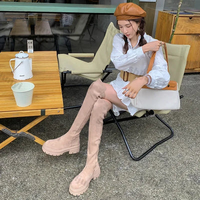 Fashion Platform Knee High Boots for Women Autumn Winter Fashion Slip on Leather Boots Woman Elastic Thick Soled Over Knee Botas