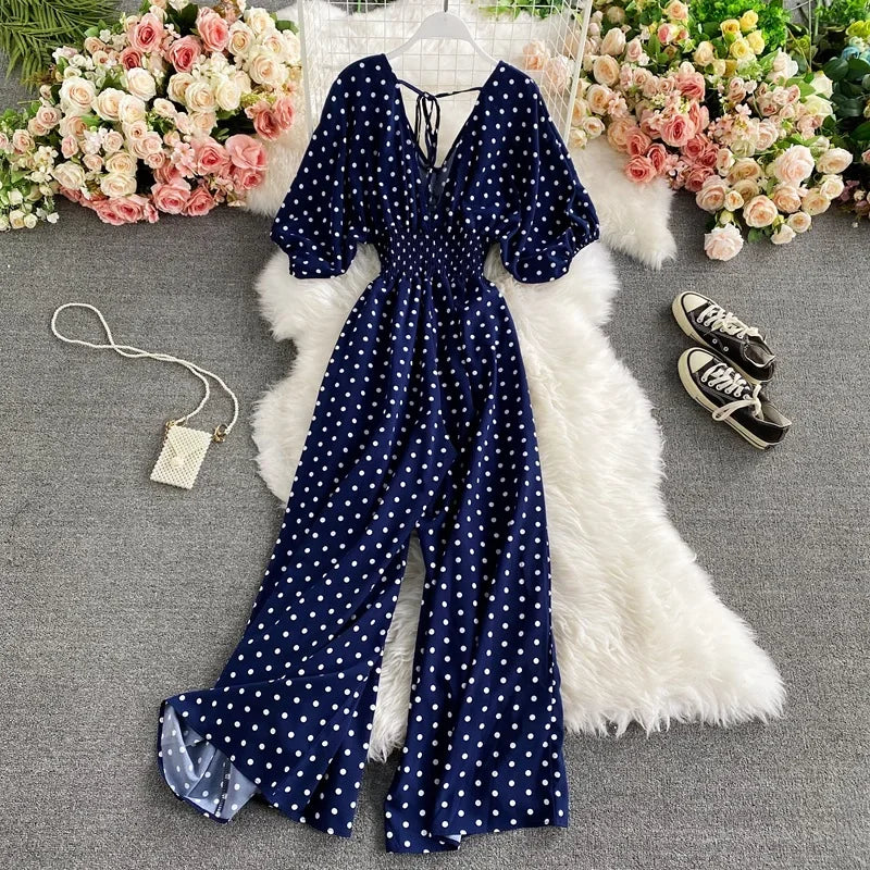 V Neck Sexy Dolman Sleeves Waist Slim Polka Dot Print Jumpsuit Women Wide Leg Trousers Jumpsuit