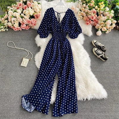 V Neck Sexy Dolman Sleeves Waist Slim Polka Dot Print Jumpsuit Women Wide Leg Trousers Jumpsuit