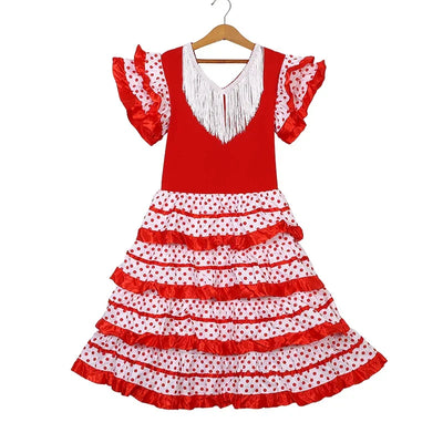Dress Women 2025 Europe America Short Sleeve Midi Dress Traditional Spanish Dance Dress For Girls Festival Tassel Dot Dress