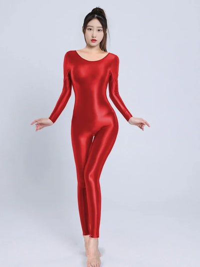 Women's Sexy Yoga Shaper Jumpsuit Dance SM Wear Oil Glossy High Elastic Long Sleeves Bodysuit Sheer Slip Satin Slimming Tights