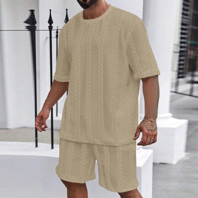 2025 Summer Casual Shorts Sets Knitted Jacquard Two Pieces Men's Tracksuit Solid O-neck Short Sleeve T-shirts+Shorts Streetwear