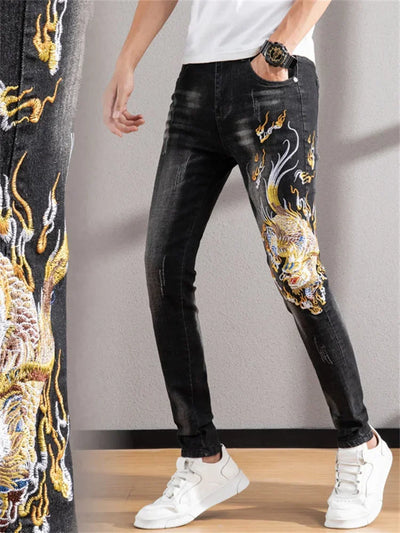 Men's Chinese Dragon Embroidery Jeans Fashion Kylin Embroidered Slim Pencil Pants Stretch Denim Trousers jeans for men pants