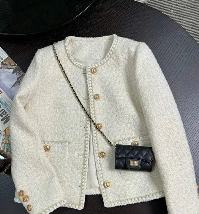 Women Vintage Jacket Autumn Winter Coat Off White Crop French Tweed