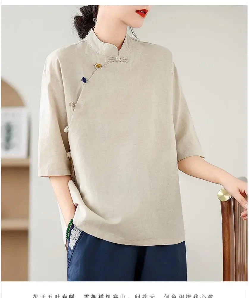 Women's Retro Linen Short-Sleeved Top