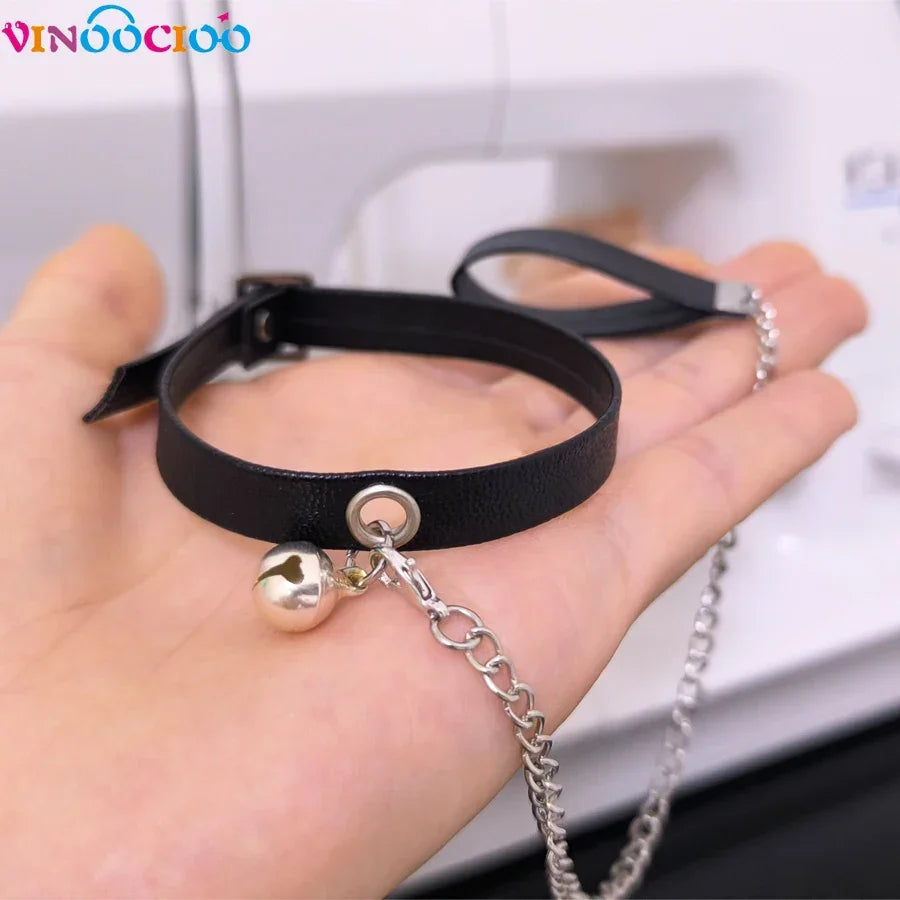 20cm Cotton Doll Choker Skull Necklace with Chains Bell Leather Leadrope Handmade Cotton Doll Accessories